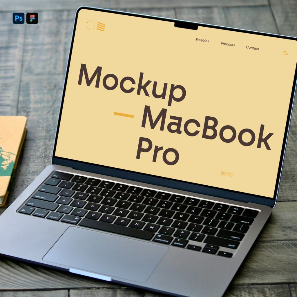 Front view, open silver MacBook Pro Mockup laying on the wooden table.