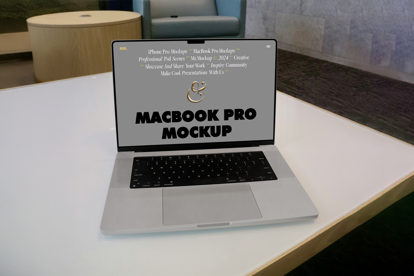Free MacBook Pro in Office Mockup — Mr.Mockup