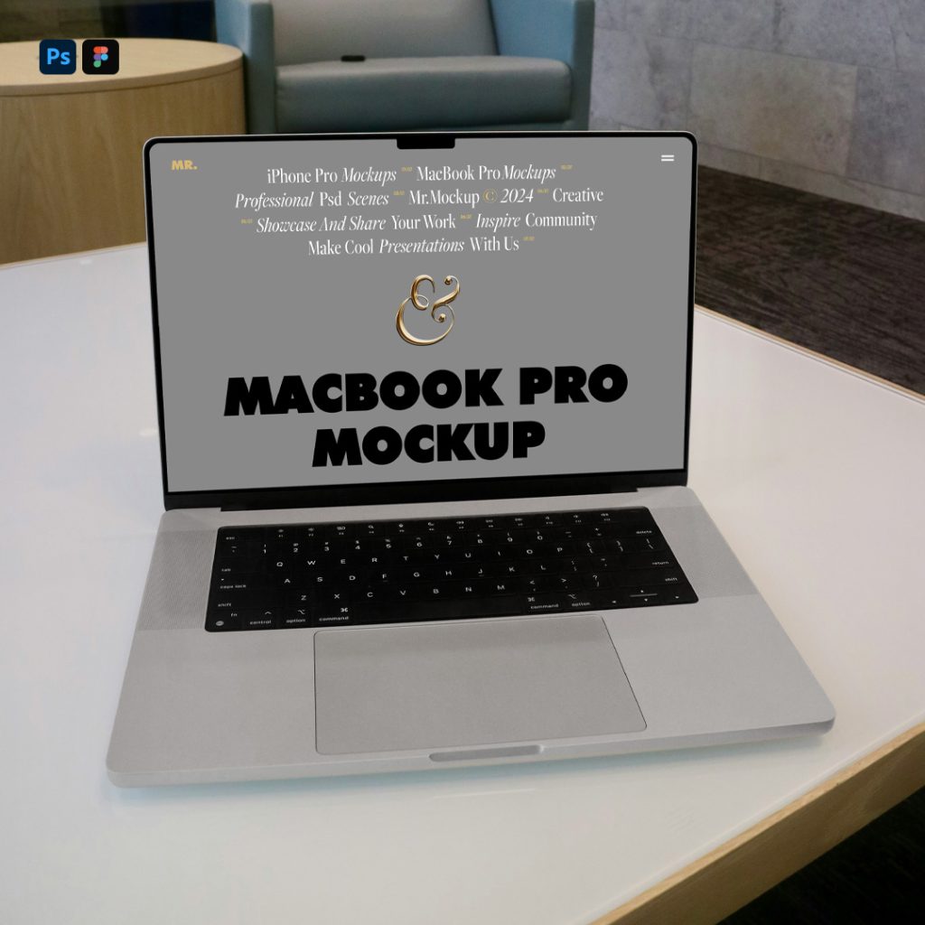 Front view, open silver MacBook Pro Mockup laying on the white table at the office.