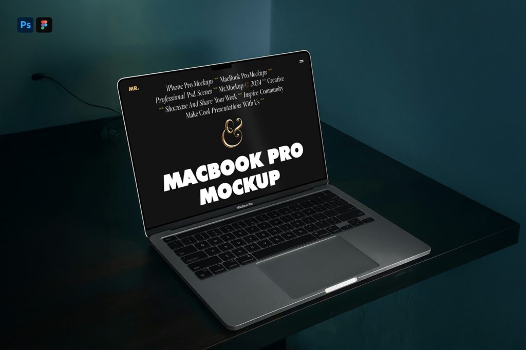 Front view, open silver MacBook Pro Mockup laying on the black desk.