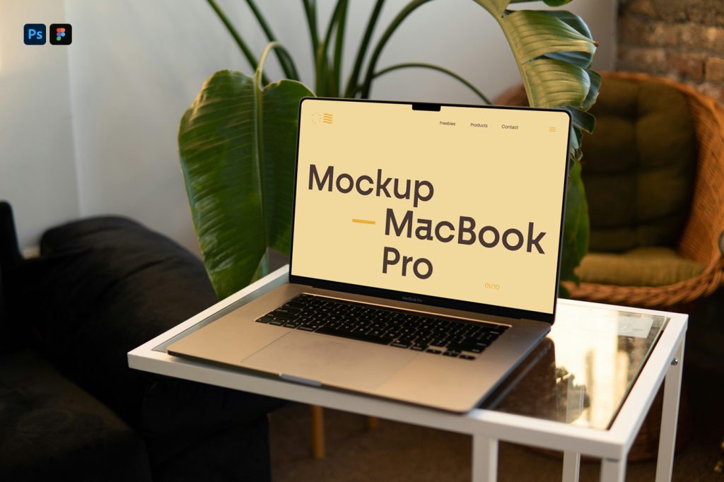 Front view, open silver MacBook Pro Mockup laying on the small coffee table in the living room.