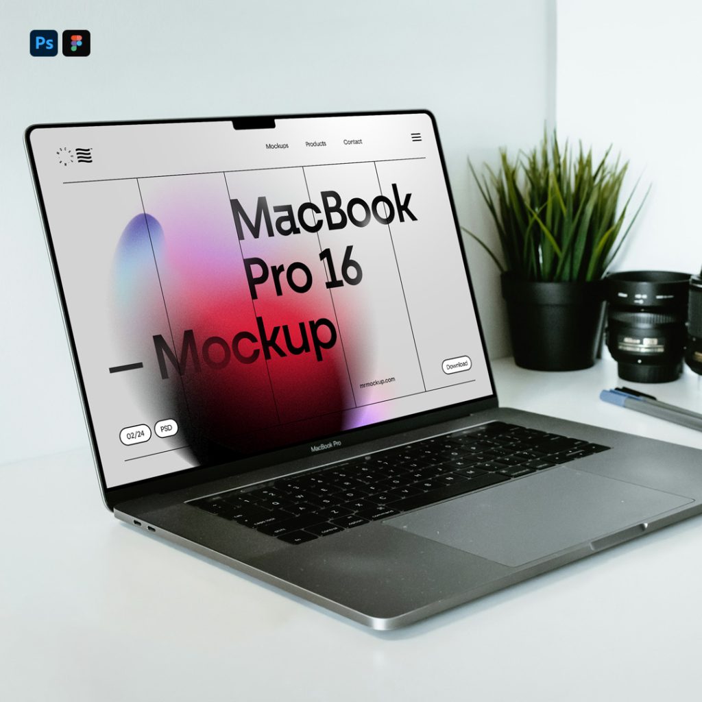 Front view, open silver MacBook Pro Mockup laying on the white table.