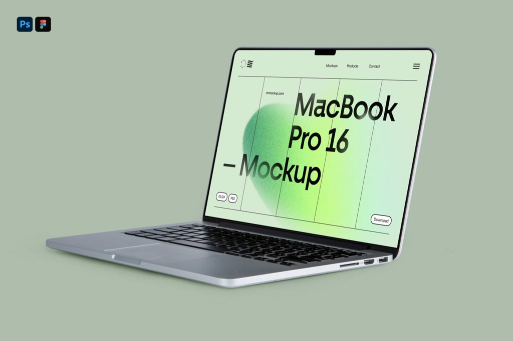 Front view, open silver MacBook Pro Mockup laying on the green background.