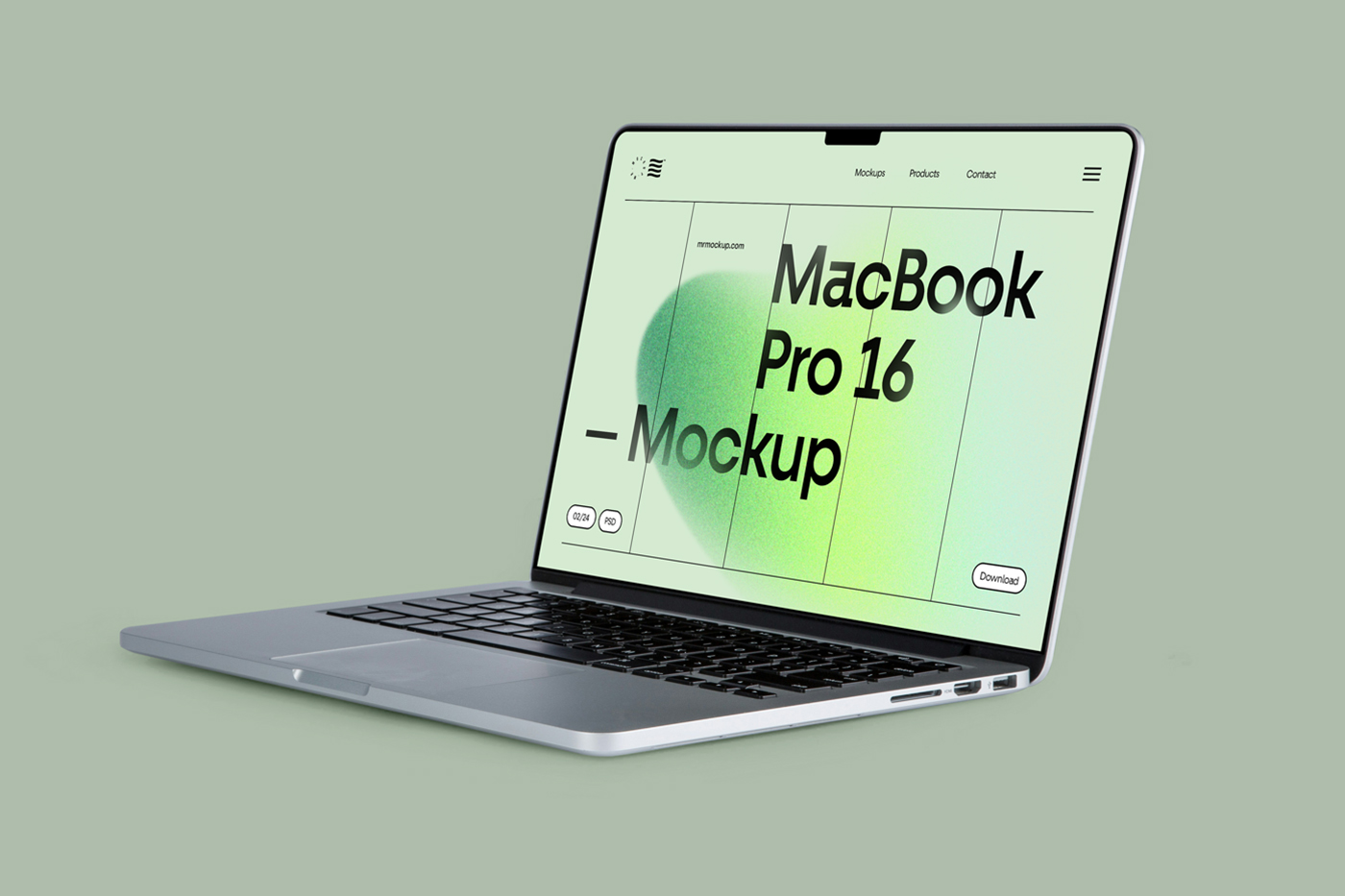 Front view, open silver MacBook Pro Mockup laying on the green background.