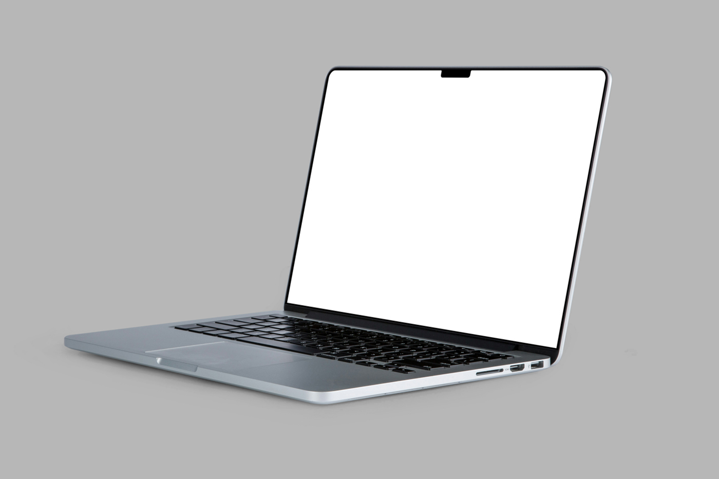 Front view, open silver MacBook Pro Mockup with white screen laying on the gray background.