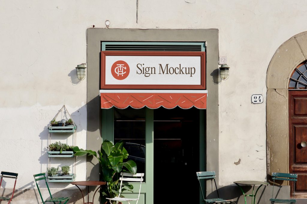 Front view, Rectangle Sign Mockup with brown frame over the restaurant entry.