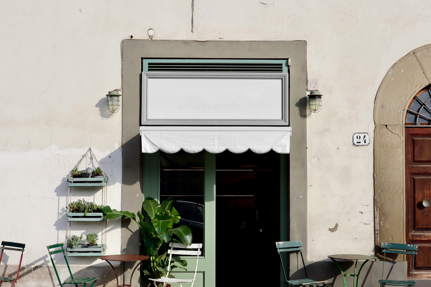 Front view, White Rectangle Sign Mockup with a white frame over the restaurant entry.