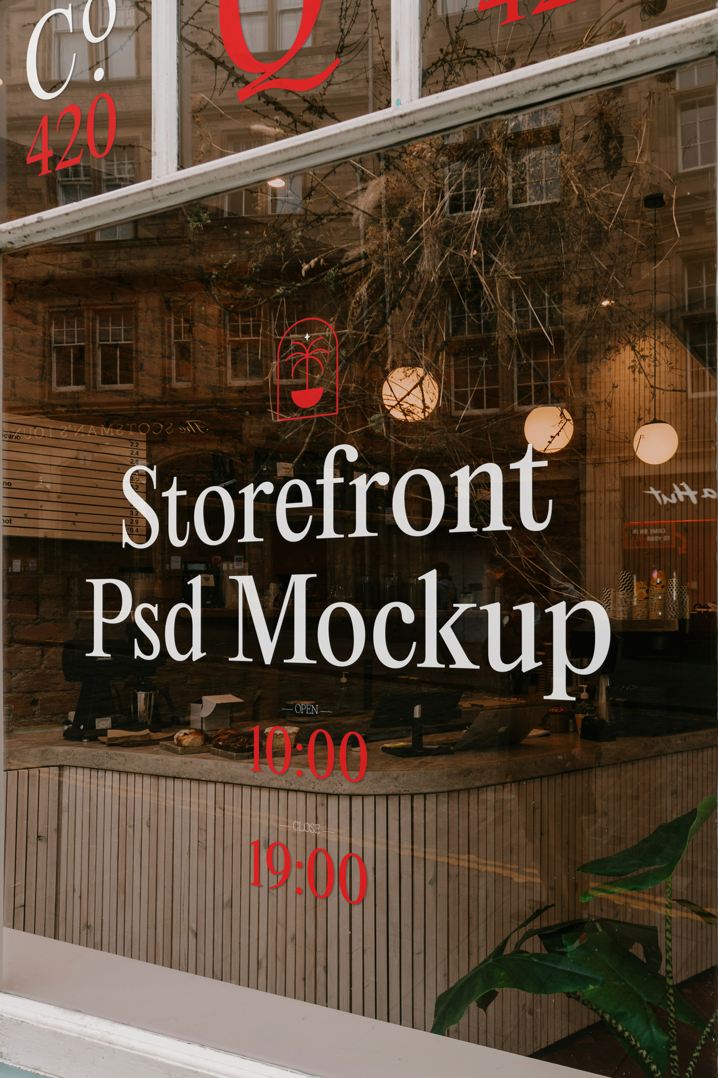 Front view, at an angle of 45 degrees, clean glass Restaurant Storefront Mockup with red graphics elements and white delicate serif typography.