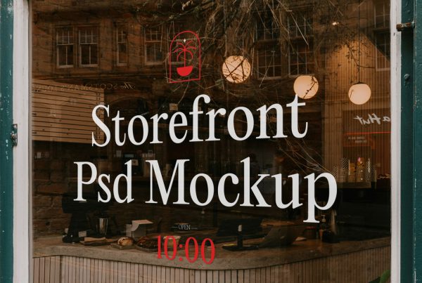 Front view, at an angle of 45 degrees, clean glass Restaurant Storefront Mockup with red graphics elements and white delicate serif typography.