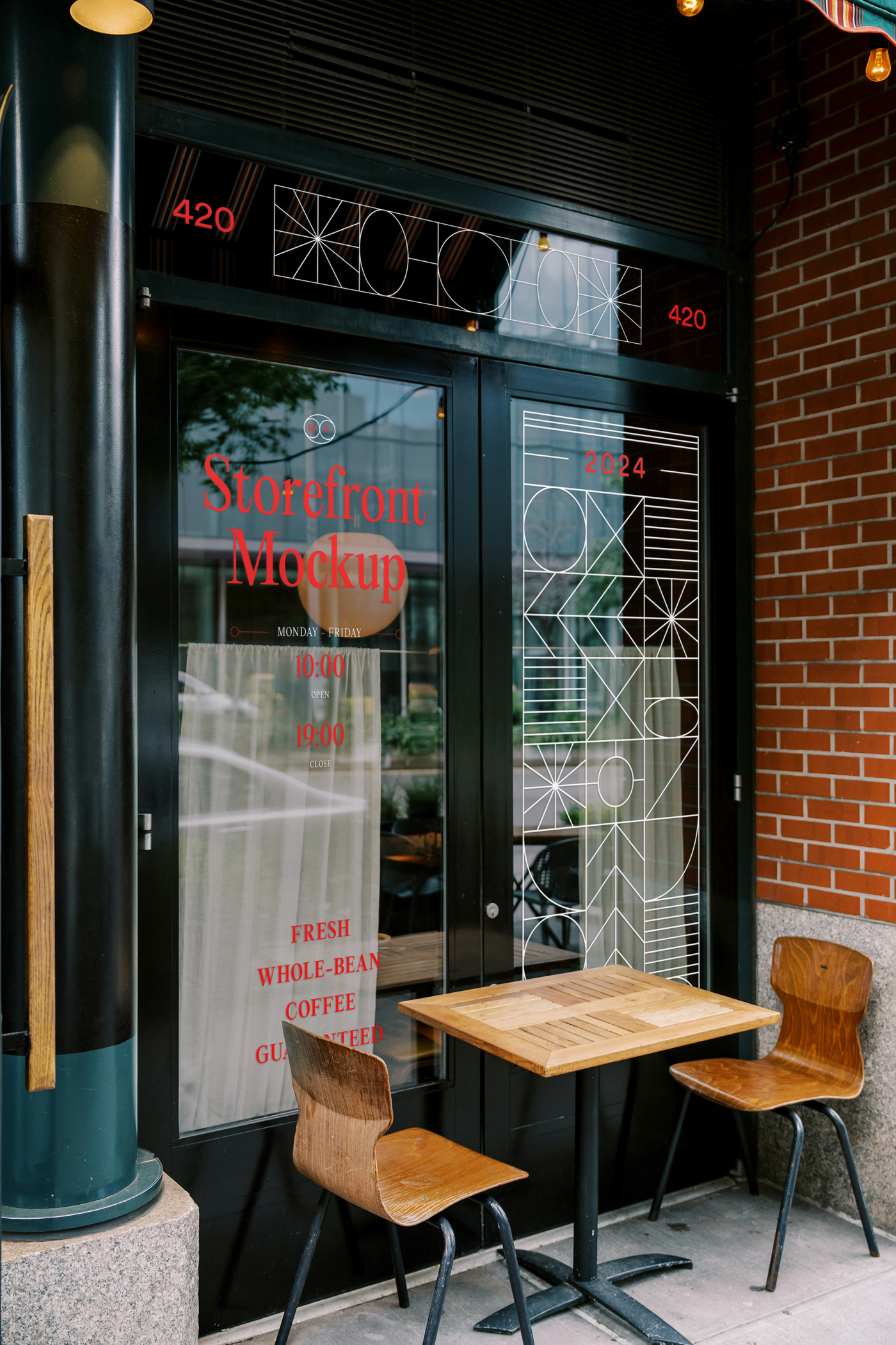 Front view, restaurant storefront mockup with vertical tinted windows, white graphics and red delicate serif typography.