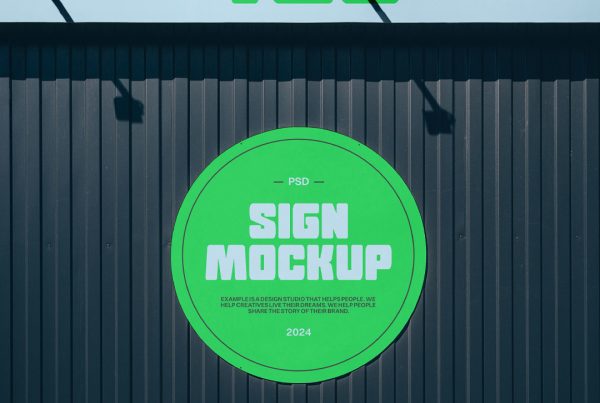 Front view, rectangular and circle sign mockup attached to the navy color fence.