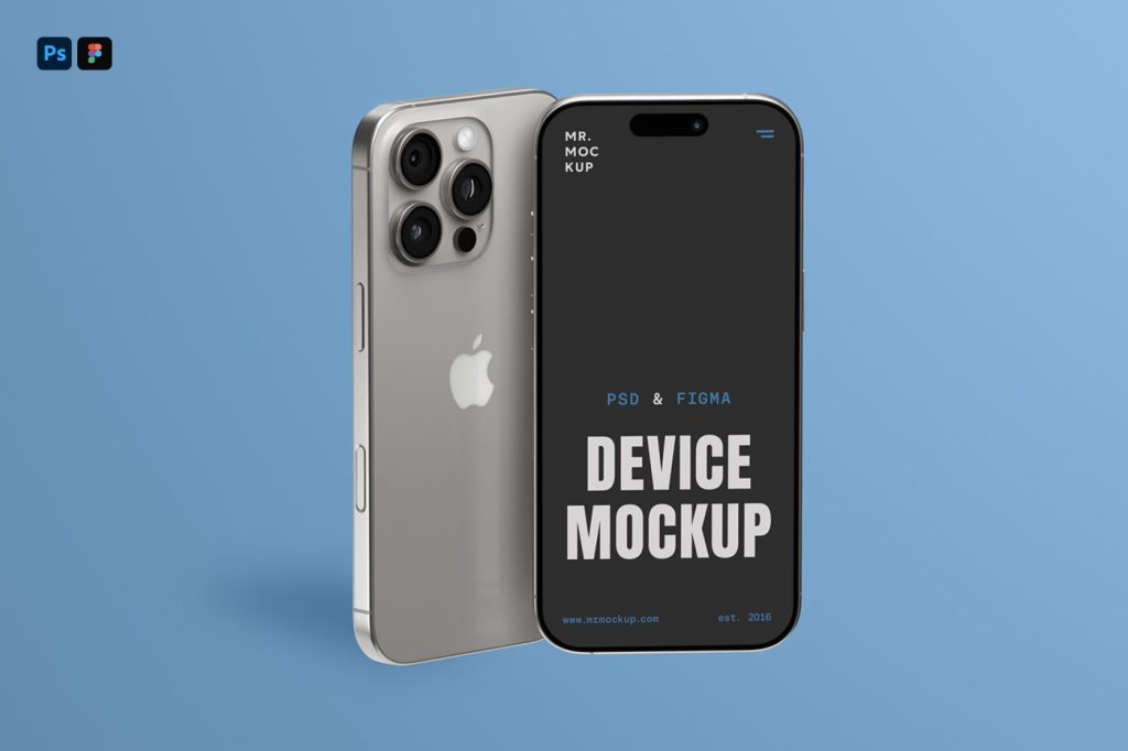 Front view, iPhone 16 Pro Mockup standing on the blue background.