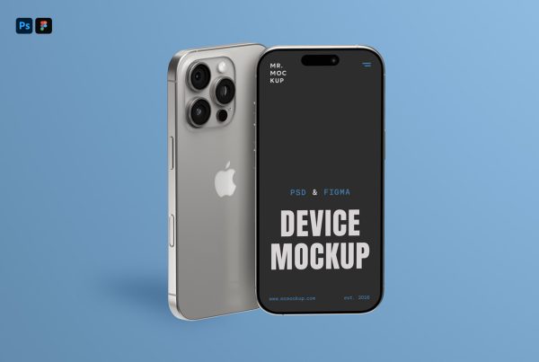 Front view, iPhone 16 Pro Mockup standing on the blue background.
