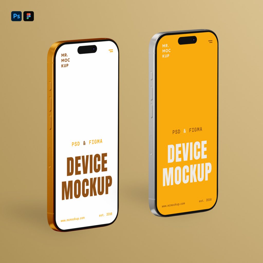 Front view, Two iPhone 16 Pro Mockups standing on the golden background.