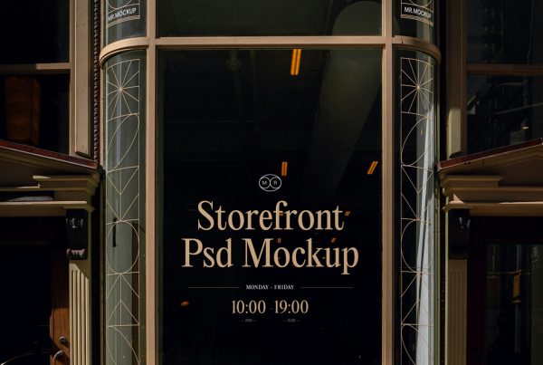 Front view, modern architecture storefront mockup with vertical tinted windows, golden graphics and white delicate serif typography.