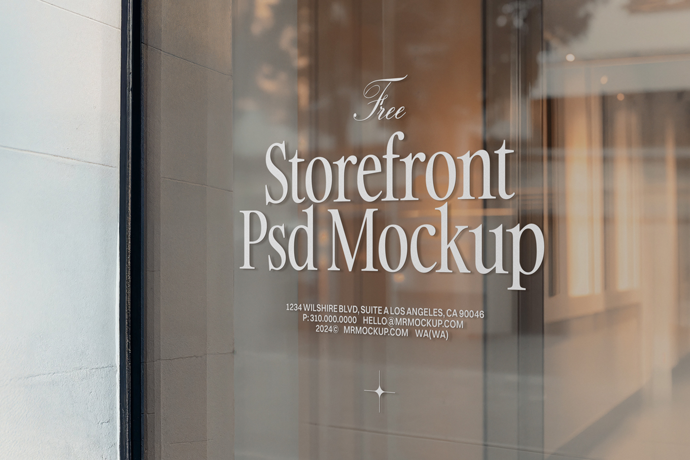 Front view, at an angle of 45 degrees, clean glass Storefront Mockup with white delicate serif typography.