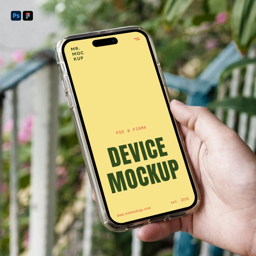 Hand Holding iPhone Pro Mockup in a transparent case with a blurred view of the garden in the background.