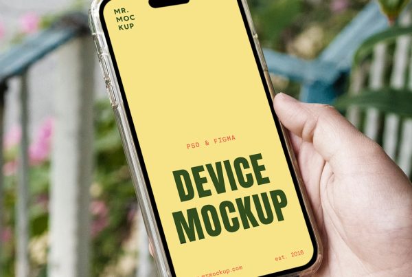 Hand Holding iPhone Pro Mockup in a transparent case with a blurred view of the garden in the background.