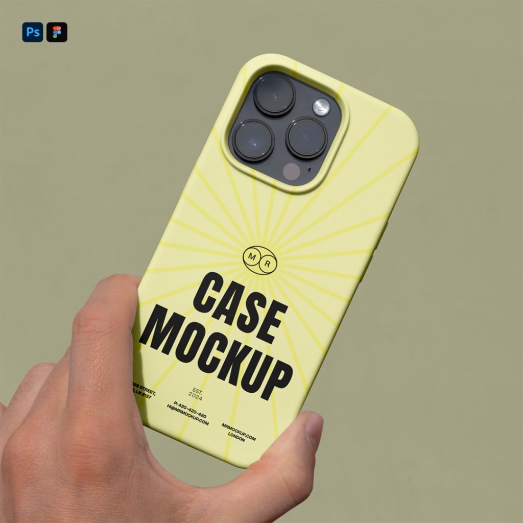 Front view, Hand Holding yellow iPhone Case Mockup with visible rotten green wall behind.