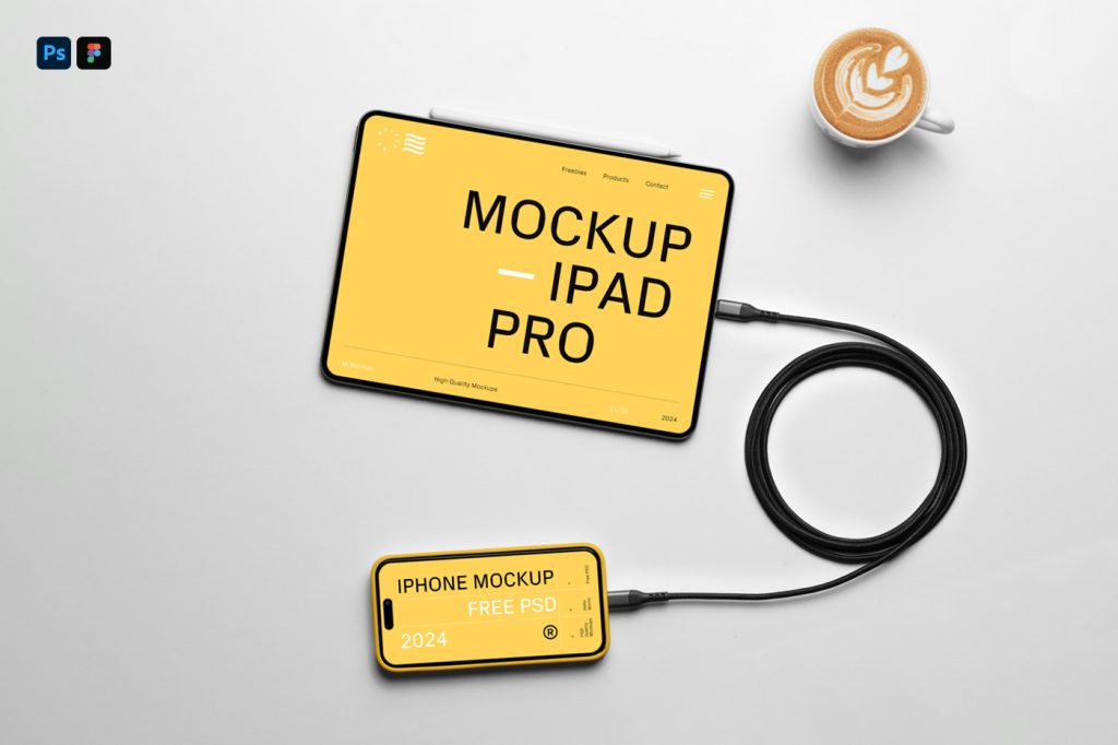 View from above, iPad and iPhone Pro Mockup laying on the white table.