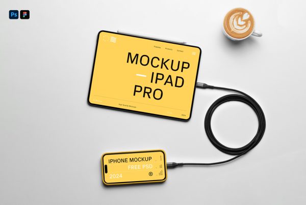 View from above, iPad and iPhone Pro Mockup laying on the white table.