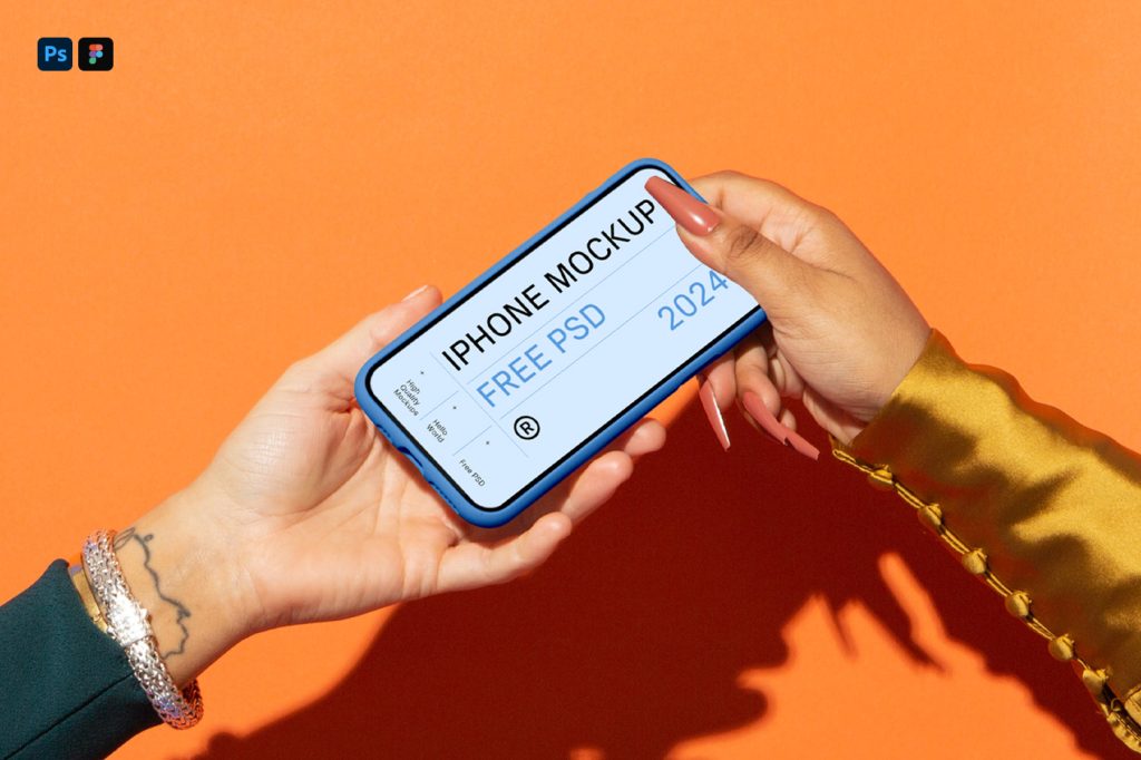 Front view, passed from hand to hand iPhone 16 Pro Mockup in blue case with visible orange color wall behind.