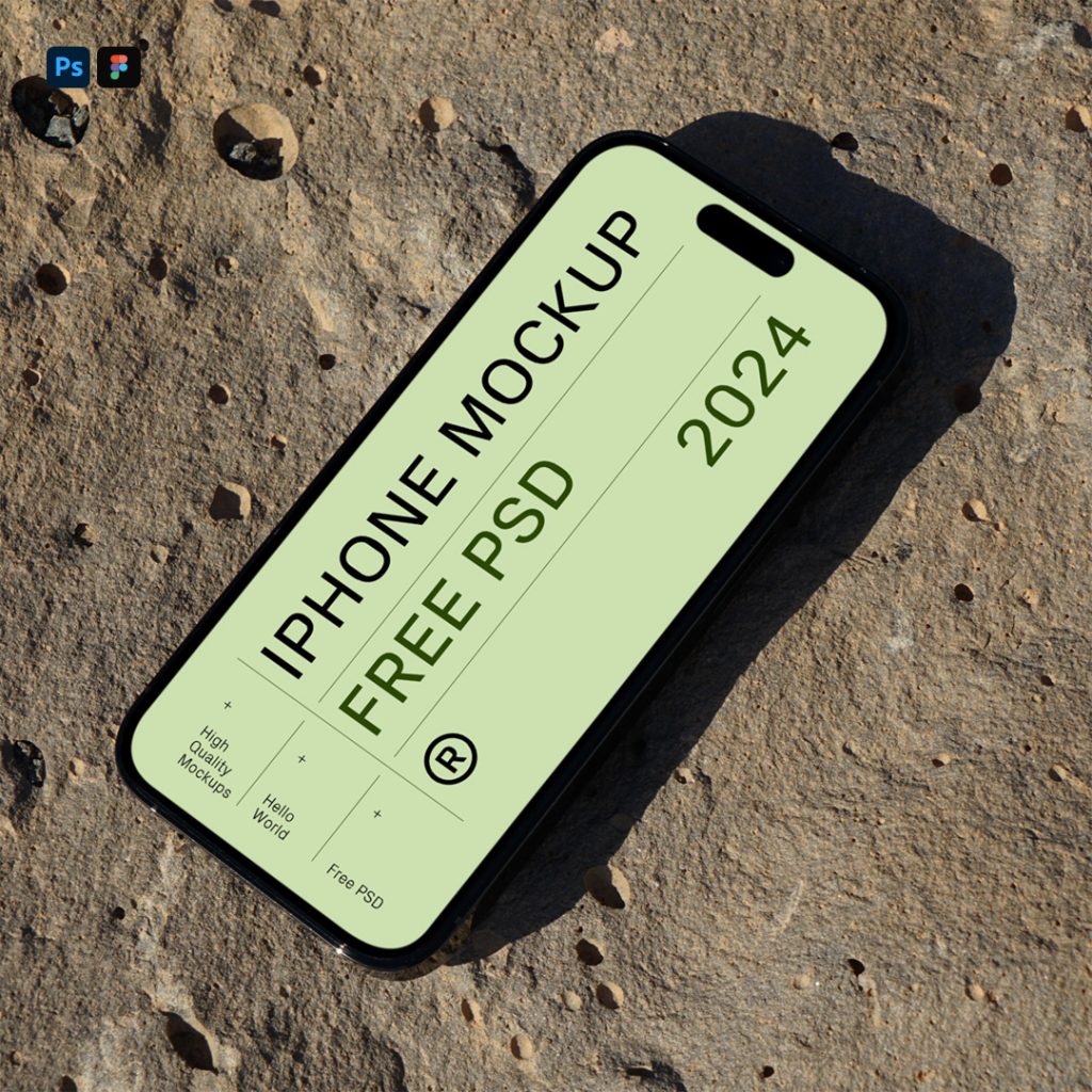 View from above, iPhone 16 Pro Mockup laying on the rock.