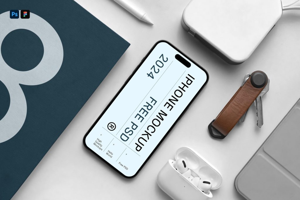 View from above, Book, and iPhone 16 Pro Mockup with accessories laying on the white table.