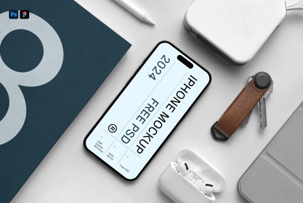 View from above, Book, and iPhone 16 Pro Mockup with accessories laying on the white table.