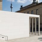 Front view, Blank Wall Mockup before museum buildings. Scene from our Museum Mockups product.