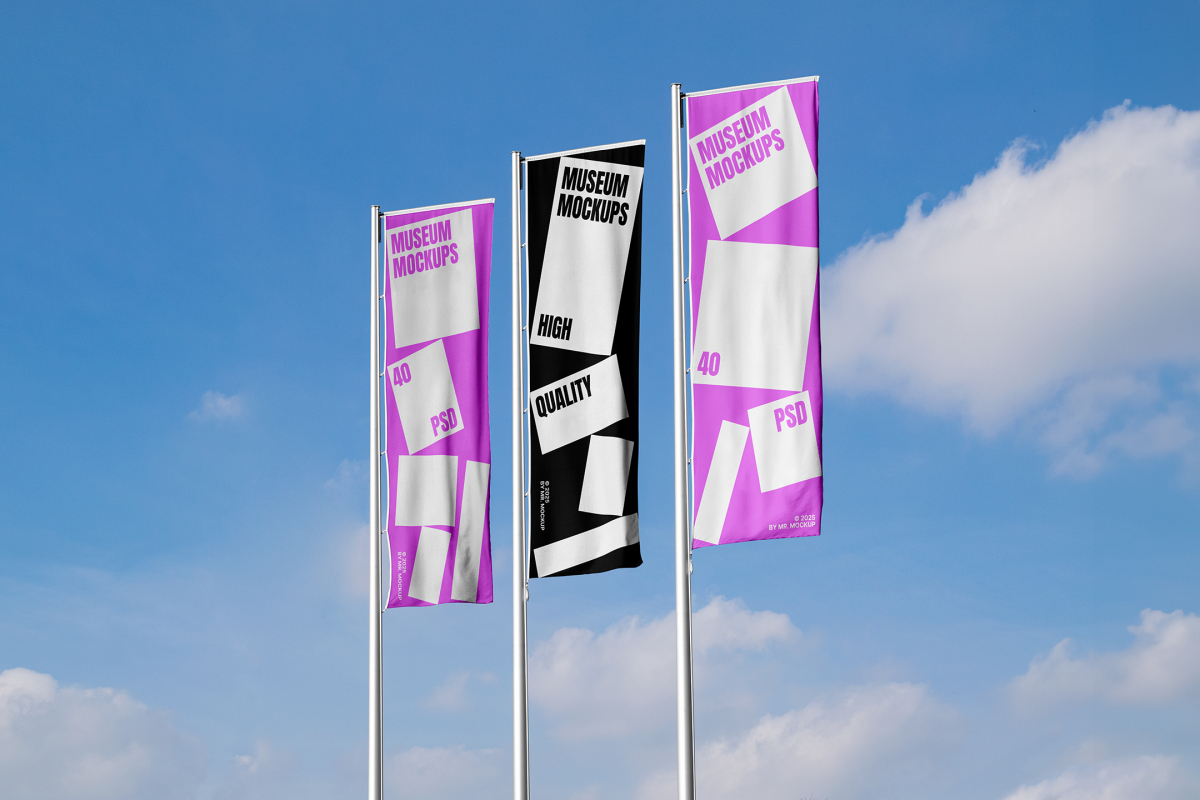 Front view, Three Vertical Flag Mockups with white, black, and pink designs against the sky background. Scene from our Museum Mockups product.