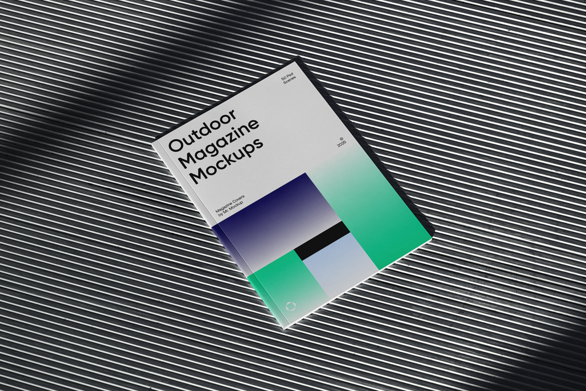 View from above, outdoor magazine mockups with three gradient shades and strong typography design lying on roof tiles.