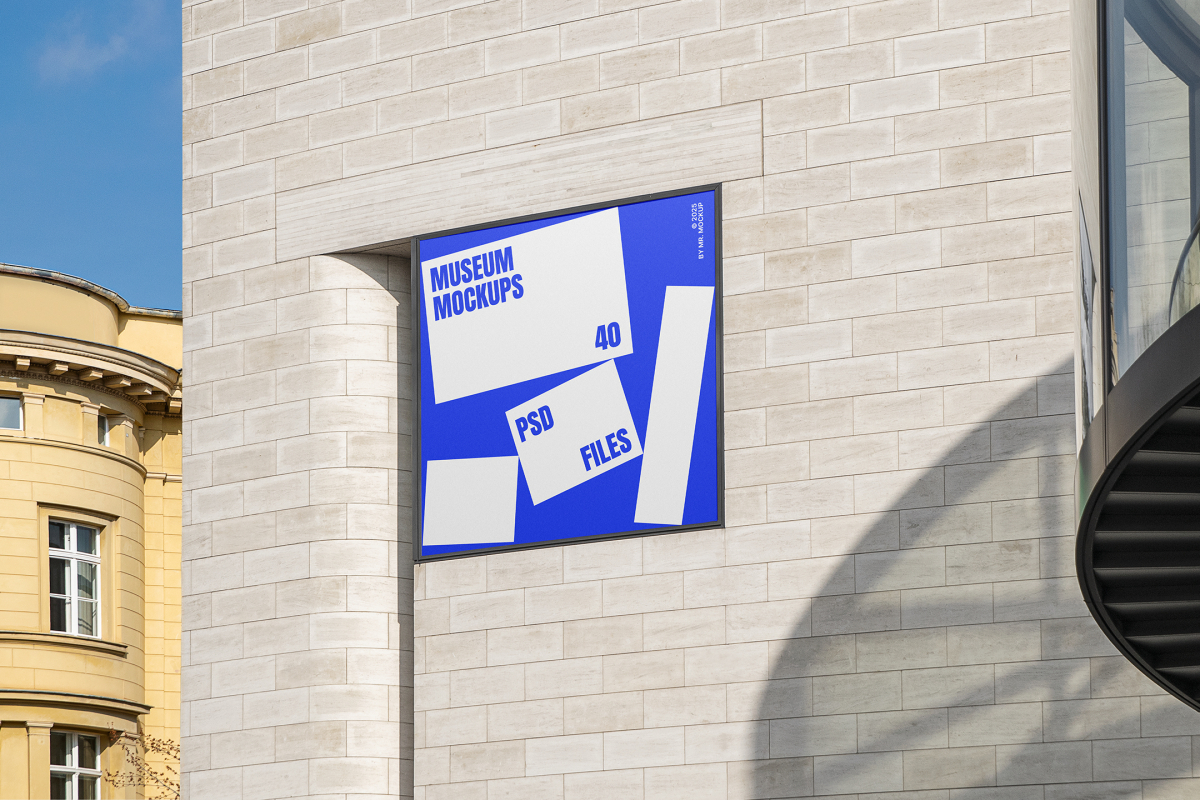 Front view, Square Billboard Mockup with white and blue design attached to the beige brick wall. Scene from our Museum Mockups product.