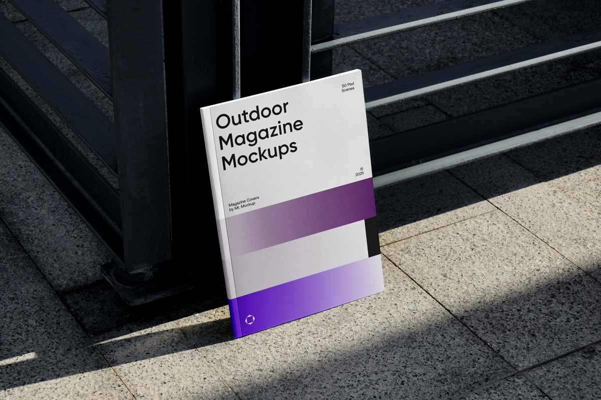 Front View, Outdoor Magazine Mockup with three gradient shades and strong typography design resists on metal fence in black color.