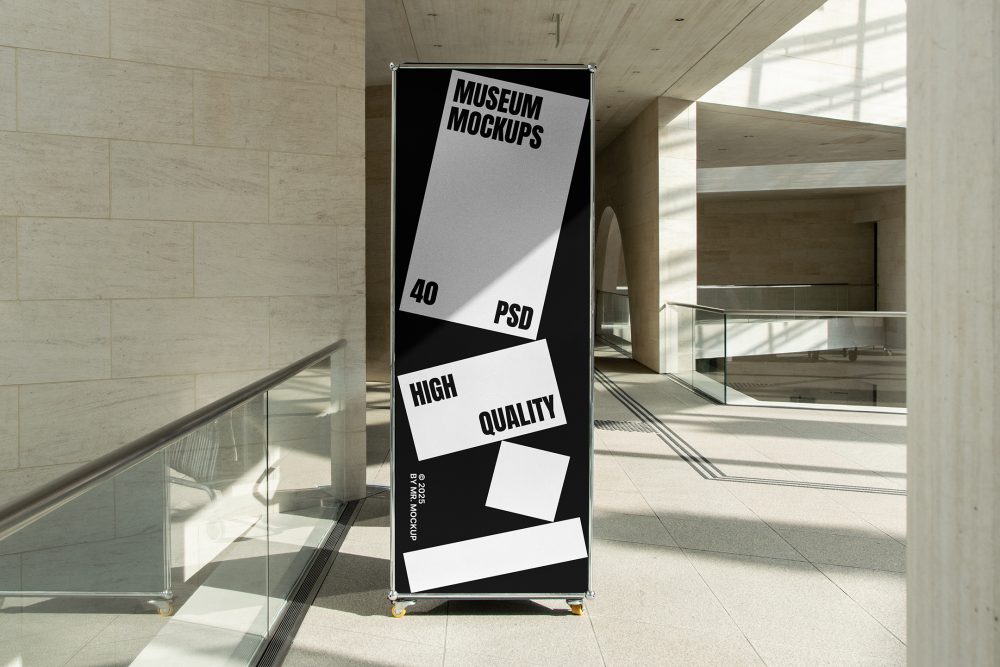 Front view, Vertical Stand Mockup with white and black design standing inside the modern architecture building. Scene from our Museum Mockups product.