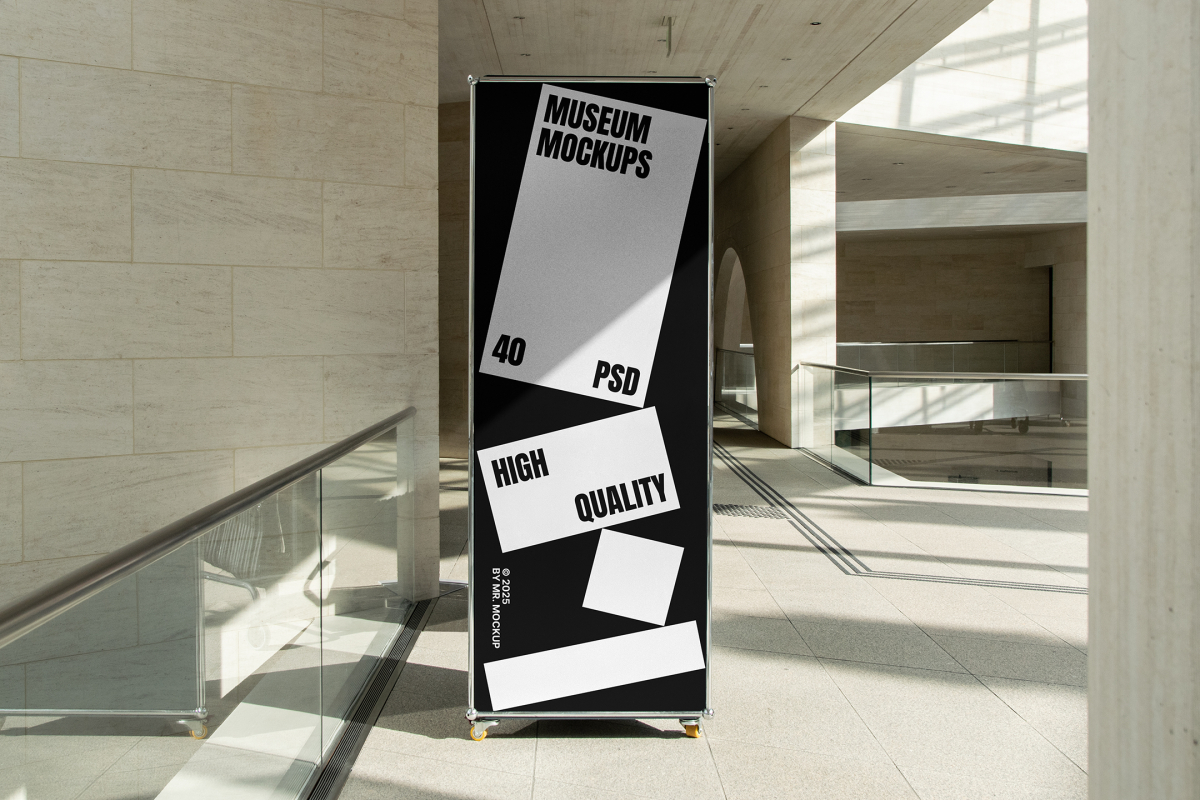 Front view, Vertical Stand Mockup with white and black design standing inside the modern architecture building. Scene from our Museum Mockups product.