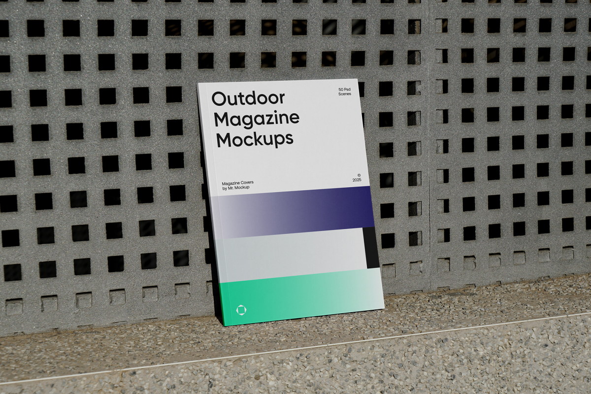 Front View, Outdoor Magazine Mockup with three gradient shades and strong typography design resists on concrete wall with square pattern.