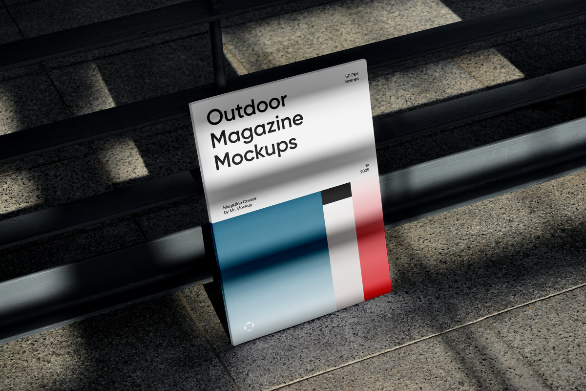 Front View, Outdoor Magazine Mockup with three gradient shades and strong typography design resists on metal fence in black color.