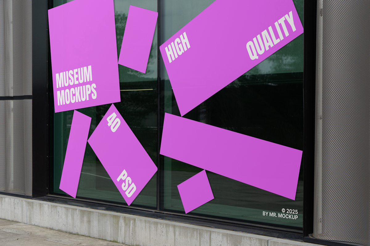 Front view, Transparent Window Mockups with white and pink designs. The windows are built into the building. Scene from our Museum Mockups product.