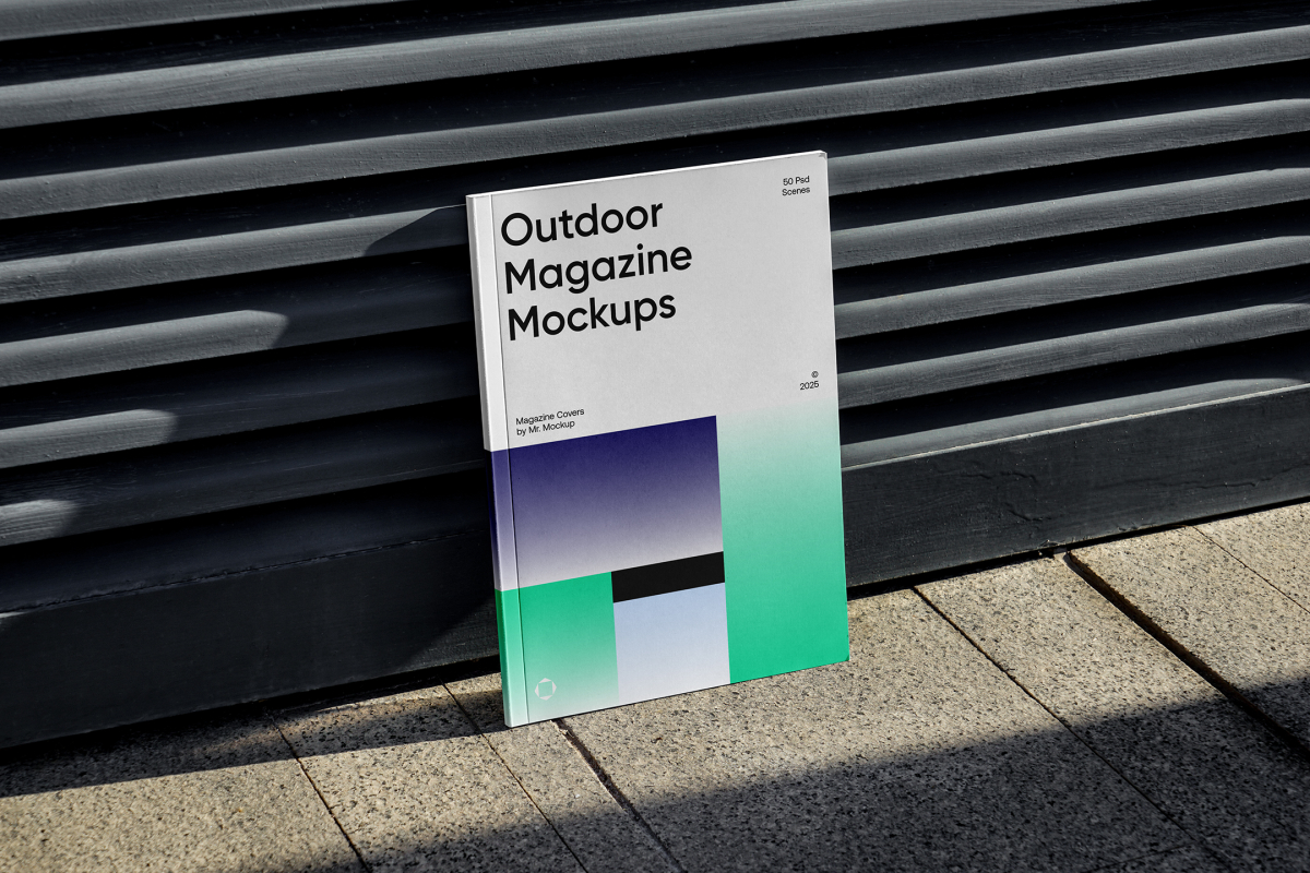 Front View, Outdoor Magazine Mockup with three gradient shades and strong typography design resists on metal fence in black color.