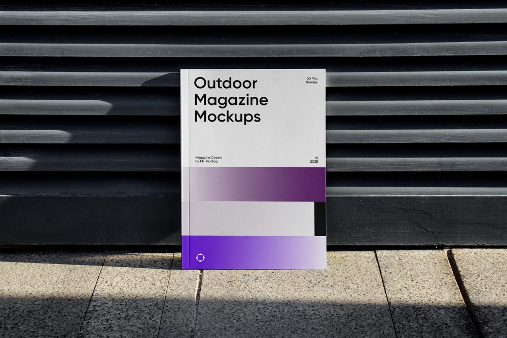 Front View, Outdoor Magazine Mockup with three gradient shades and strong typography design resists on metal fence in black color.