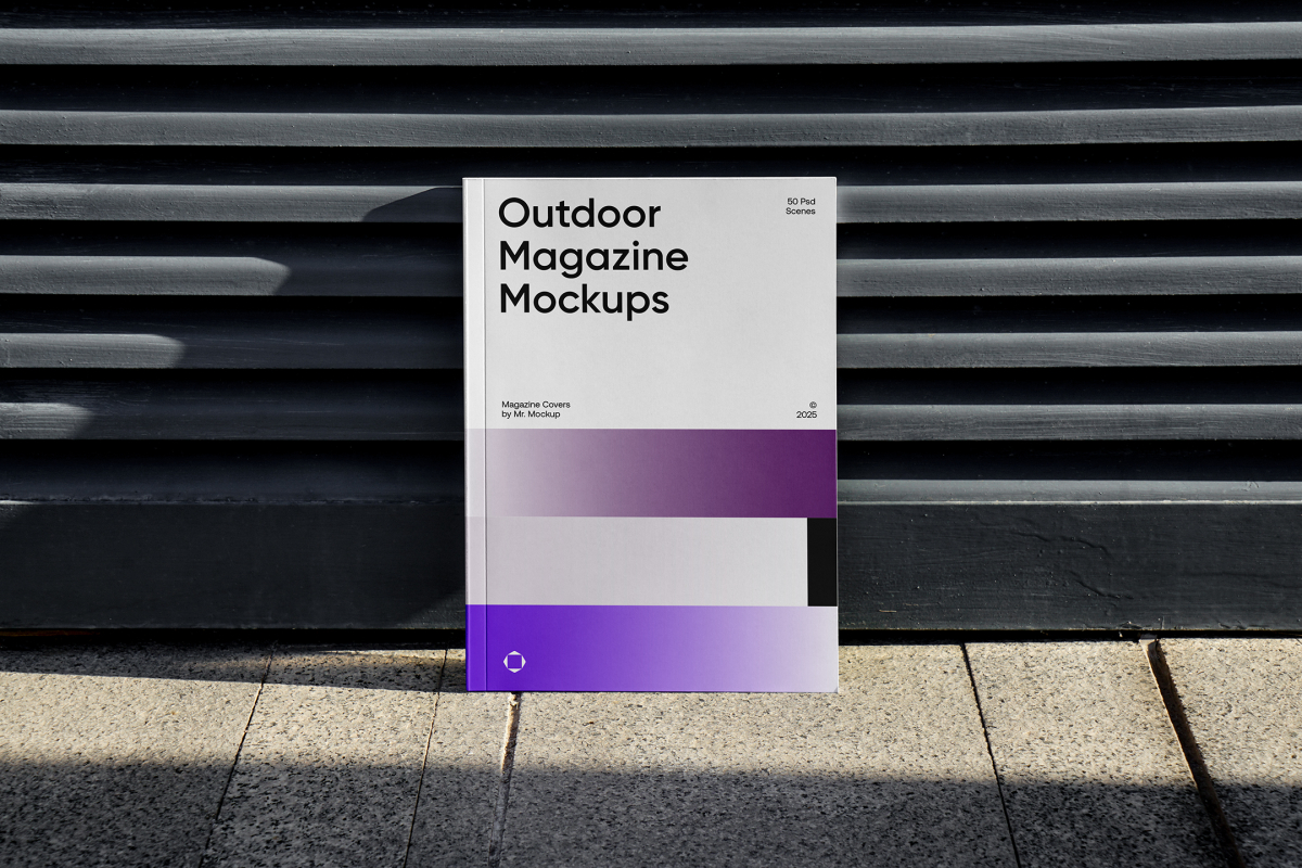 Front View, Outdoor Magazine Mockup with three gradient shades and strong typography design resists on metal fence in black color.