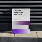 Front View, Outdoor Magazine Mockup with three gradient shades and strong typography design resists on metal fence in black color.