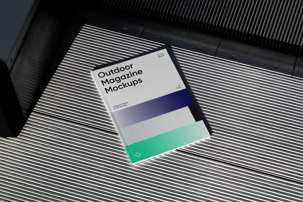View from above, outdoor magazine mockups with three gradient shades and strong typography design lying on roof tiles.