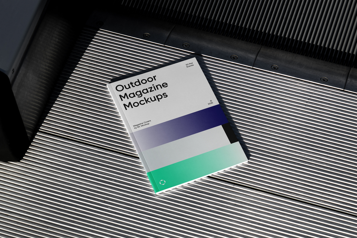 View from above, outdoor magazine mockups with three gradient shades and strong typography design lying on roof tiles.