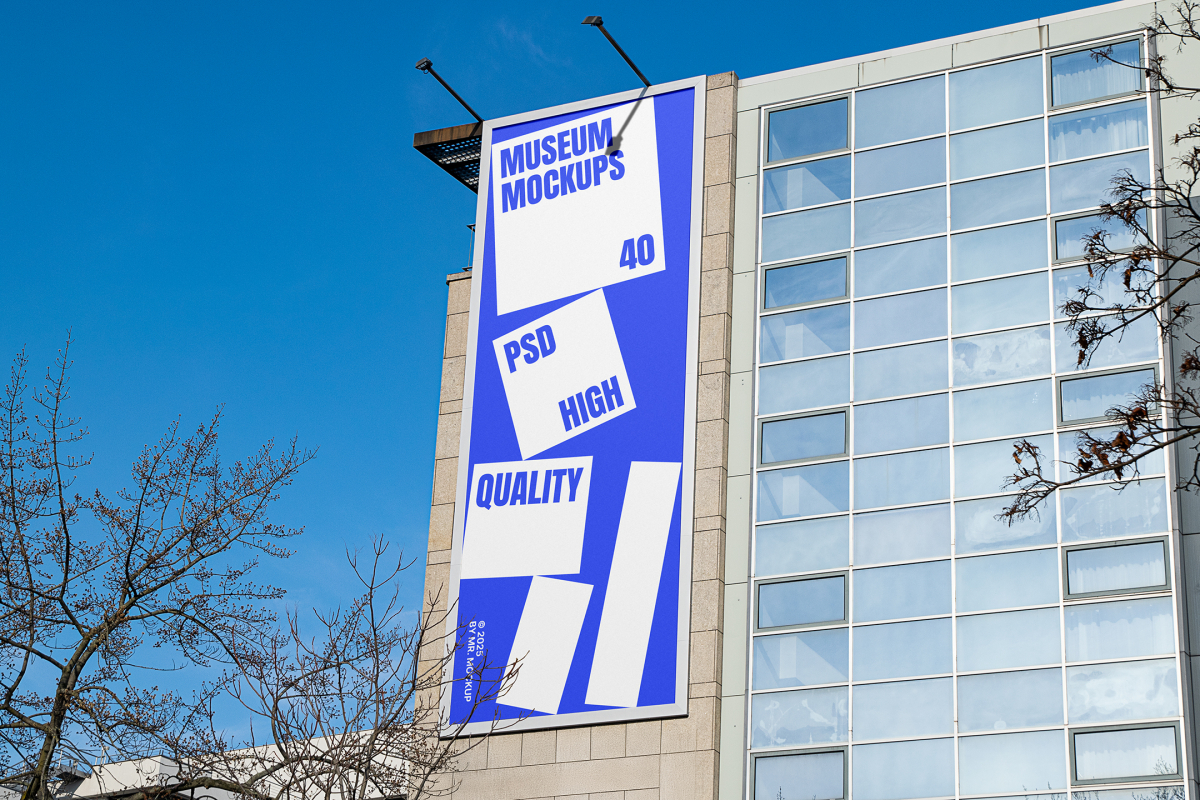 Front view, Vertical Billboard Mockup with white and blue design attached to the modern building against the sky. Scene from our Museum Mockups product.
