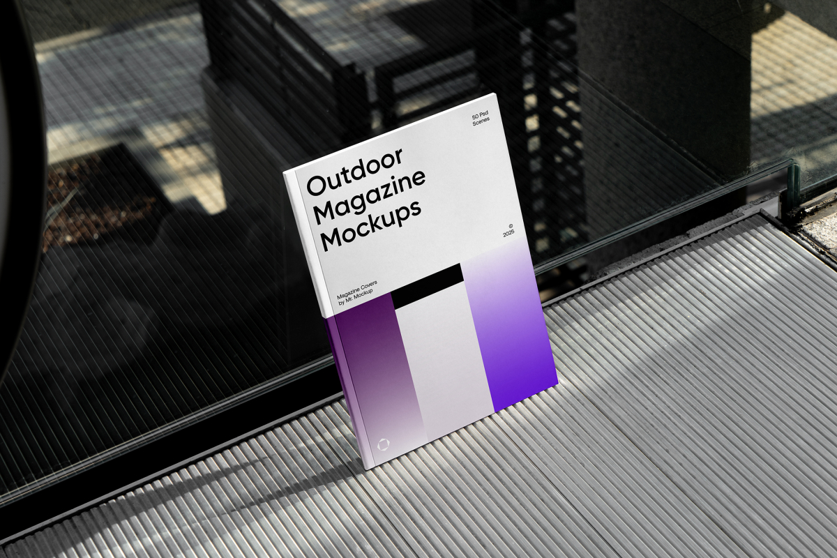 Front View, Outdoor Magazine Mockup with three gradient shades and strong typography design resists on glass.