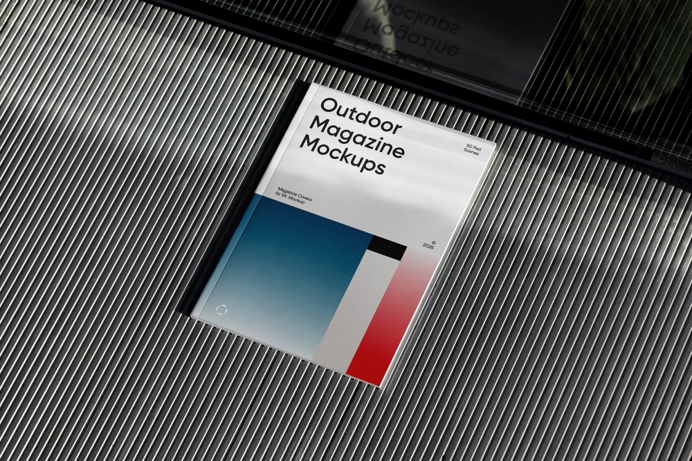 View from above, outdoor magazine mockups with three gradient shades and strong typography design lying on roof tiles.