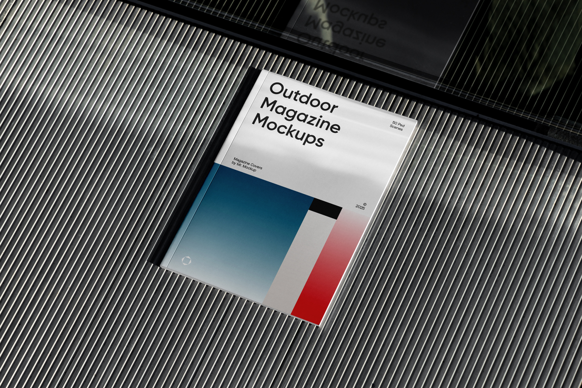 View from above, outdoor magazine mockups with three gradient shades and strong typography design lying on roof tiles.