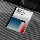 View from above, outdoor magazine mockups with three gradient shades and strong typography design lying on roof tiles.